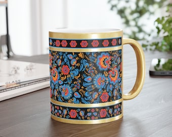 Russian Folk Art,Metallic Mug (SilverGold), Unique Coffee Mug, Russian Floral Tea Mug, Perfect Gift
