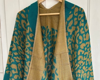 Women’s cashmere blend open poncho wrap/ winter poncho wrap/ teal colour multi style cardigan poncho cape/Christmas gift/ gift for mother