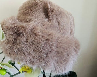 Beige Faux Fur Bucket Hat: Warm Winter Vegan Hat