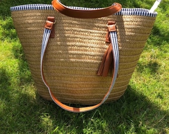 Mayshe Straw Beach Tote Bag with Pom Poms Handmade Market Basket Summer Bag Leather Strip Handles 