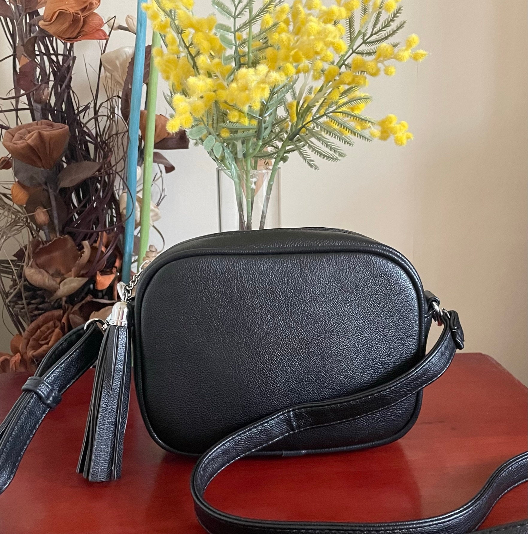 Faux Leather Crossbody Handbag Gold Chrome Tassle Camera Bag 