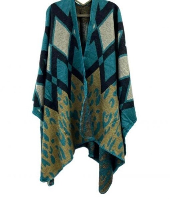 Women's Cashmere Blend Open Poncho Wrap/ Winter Poncho Wrap/ Teal Colour Multi Style Cardigan Poncho cape/Christmas Gift/ Gift for Mother