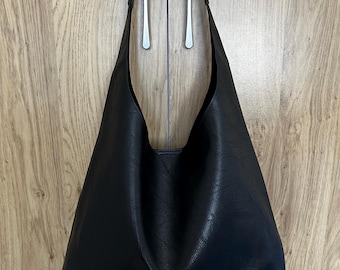 Black Vegan Leather Hobo Bag: Boho Shoulder Tote with Inner Pouch