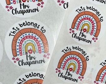 Personalised circle This belongs to NAME sticker, teacher gift, rainbow, school, book,