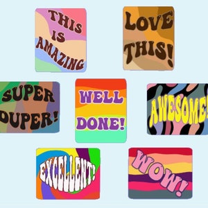 Retro, groovy, positieve affirmatiestickers, beloning, leraar, cadeau, school, leraarstickers,