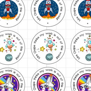 Cirkelstickers 'NAME denkt dat mijn werk niet van deze wereld is', stickers leraar, cadeau, positieve bevestiging