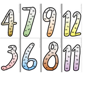 May include: A set of colorful number flashcards with numbers 3, 4, 6, 7, 8, 9, 1, and 2. Each number is surrounded by a circle with numbers in a gradient pattern.