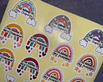 Personalised This belongs to NAME sticker, teacher gift, rainbow, school, book,