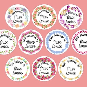 Couronne florale Autocollants personnalisés « Cela appartient au NOM ». Autocollants pour enseignants. Autocollants de livres. Cadeau