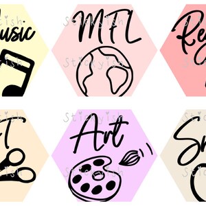 May include: Six hexagonal stickers with different colours and designs. The stickers have the words "Music", "MFL", "Register", "D&T", "Art", and "Snack" written on them. Each sticker has a corresponding icon: a musical note, a globe, a checklist, scissors, a paint palette, and an apple.