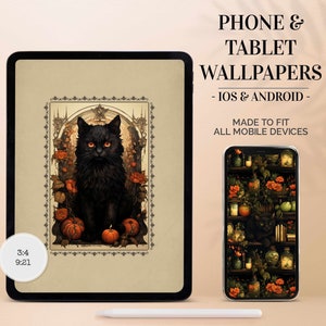 May include: A digital illustration of a black cat sitting in a gothic archway with pumpkins and flowers. The image is displayed on a tablet screen with a white stylus pen. The text "PHONE & TABLET WALLPAPERS - IOS & ANDROID - MADE TO FIT ALL MOBILE DEVICES" is displayed above the tablet.