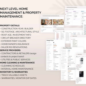 May include: A screenshot of a computer screen showing a checklist for home management and property maintenance. The checklist includes sections for property details, service providers, home cleaning and maintenance, and inventory and warranties. The checklist is organized in a table format with columns for the task, the frequency, the date, and the status.