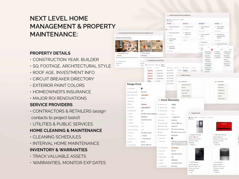 May include: A screenshot of a computer screen showing a checklist for home management and property maintenance. The checklist includes sections for property details, service providers, home cleaning and maintenance, and inventory and warranties. The checklist is organized in a table format with columns for the task, the frequency, the date, and the status.