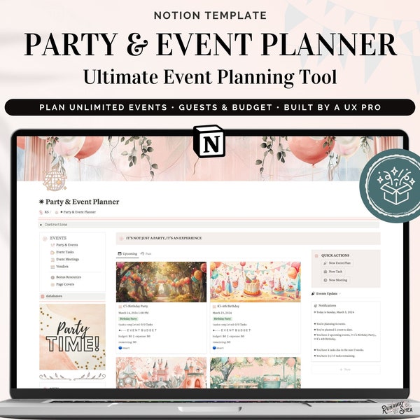 Notion Template Event Planner - Digital Party Planning Template, Guest List Birthday Checklist Organizer & Family Holiday Tracker