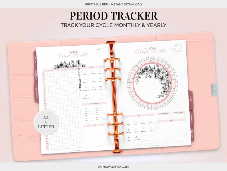 May include: A printable period tracker in a pink binder with a floral design. The tracker includes a yearly and monthly view. The pages are labeled "Yearly Period Tracker" and "Monthly Period Tracker".