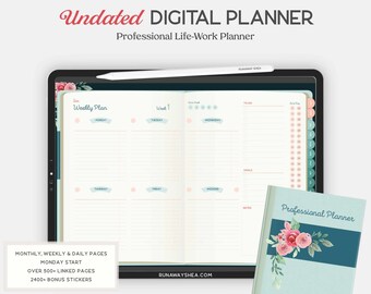 Digital odaterad kalender med blommigt tryck | Professionell månadsplanerare för GoodNotes | Kompatibel med iPad + Gratis PNG-klistermärken