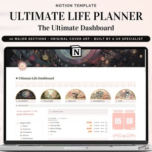 May include: A laptop screen displaying a Notion template for an Ultimate Life Planner. The template features a dashboard with sections for planning, wellness, health, household, and life. The dashboard also includes a to-do list, a calendar, and a directory of resources.