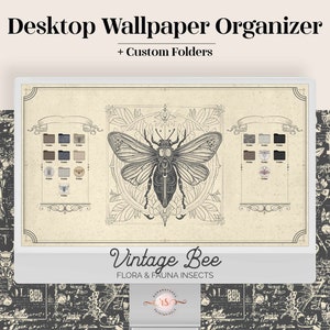 Desktop Organizer Vintage Bee Wallpaper - Victoriaanse lijntekeningen lichte academische map pictogrammen pack computer achtergrond esthetische cadeau voor vriend