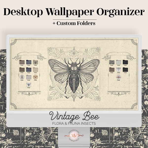 Desktop Organizer Vintage Bee Wallpaper - Victorian line art light academia folder icons pack computer background aesthetic gift for friend