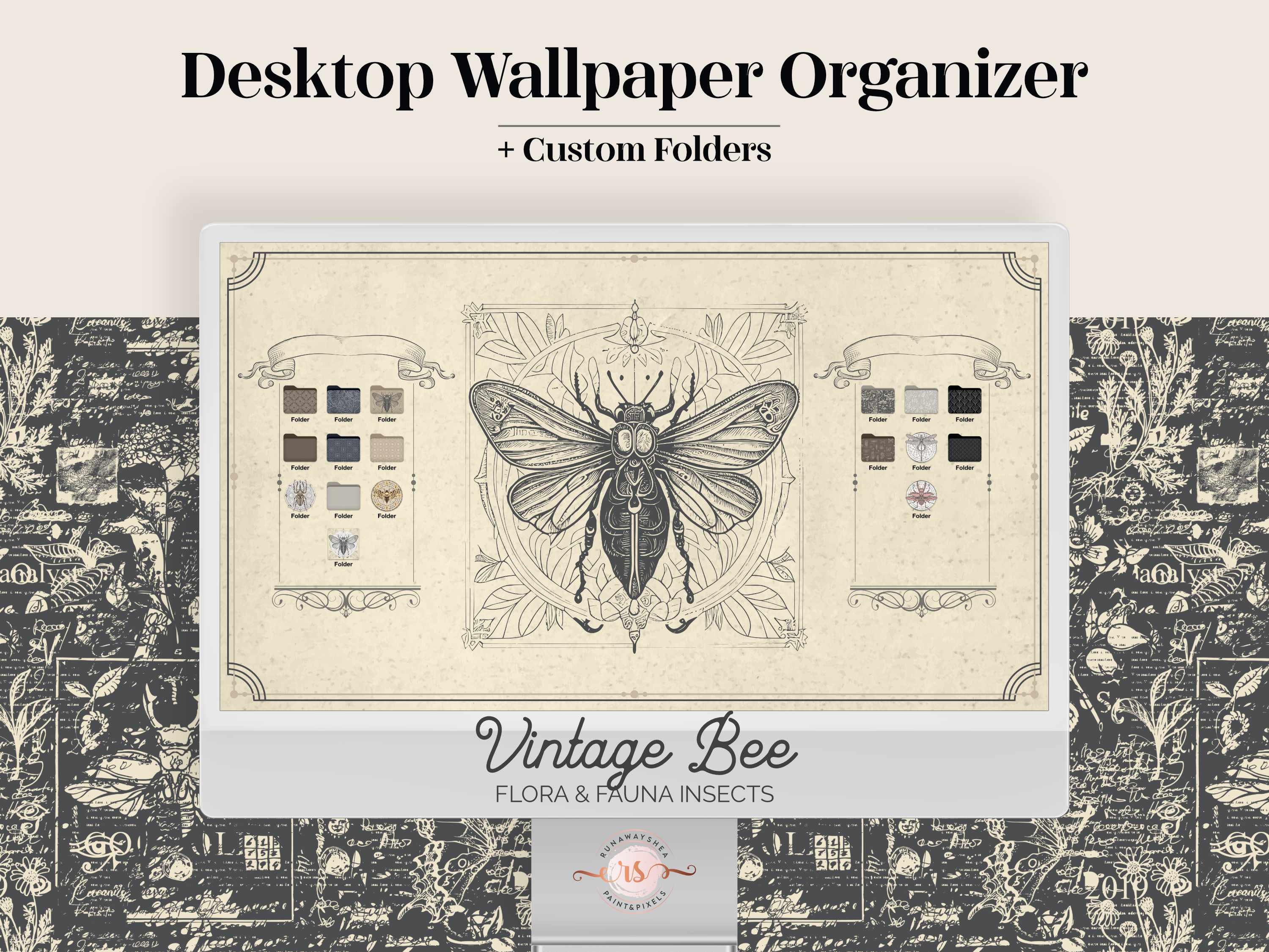 Desktop Organizer Vintage Bee Wallpaper - Victorian line art light academia folder icons pack computer background aesthetic gift for friend
