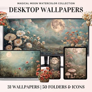 Puede incluir: Una colección de 31 fondos de pantalla digitales para escritorio con una luna mágica, hongos y flores en estilo acuarela. El texto "Magical Moon Watercolor Collection Desktop Wallpapers" está en la parte superior de la imagen.