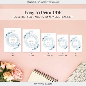May include: Printable PDF of a habit tracker in four different sizes: A4, Letter, Classic HP, Half Letter, and A5. The tracker is a circle with a grid and a floral design. The text "Easy to Print PDF" is at the top of the image.