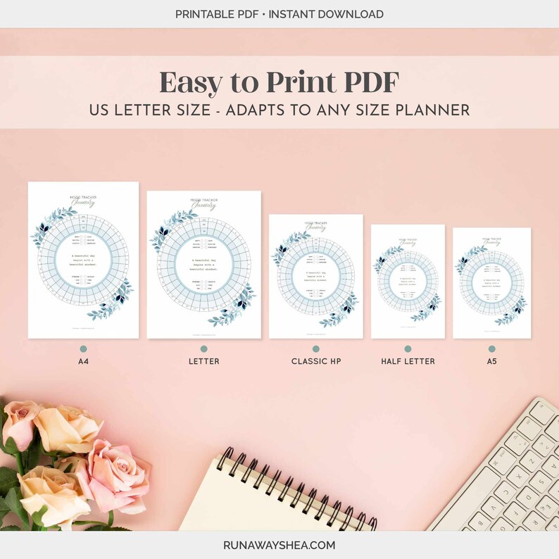 May include: Printable PDF of a habit tracker in four different sizes: A4, Letter, Classic HP, Half Letter, and A5. The tracker is a circle with a grid and a floral design. The text "Easy to Print PDF" is at the top of the image.