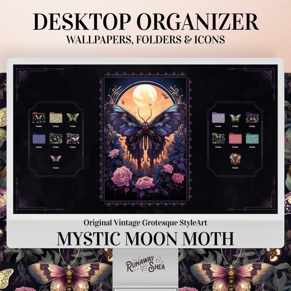 Desktop Organizer Moon Moth Wallpaper - Vintage gothic art dark academia cute folder icons pack computer background aesthetic gift for her