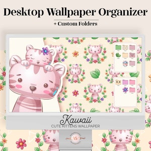 Desktop Organizer Kawaii Kitten Wallpaper - Cute illustrated kitty cats art Mac folder icons pack computer background aesthetic gift for her