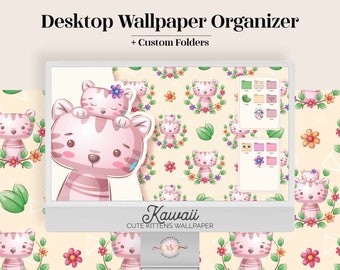 Organizzatore di sfondi per desktop con gattini kawaii / Sfondi e icone di cartelle (download digitale)