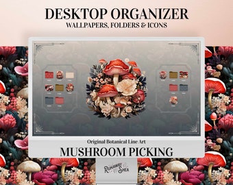 Mushroom Botanical Cottagecore Desktop Wallpaper Organizer | Wallpapers & Folder Icons (Digital Download)