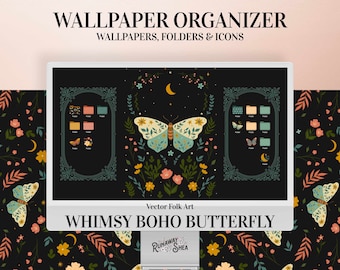 Boho Butterfly Desktop Wallpaper Organizer | Butterfly Desktop Wallpaper Set with Custom Folder Icons & Dual Monitor Wallpaper Support