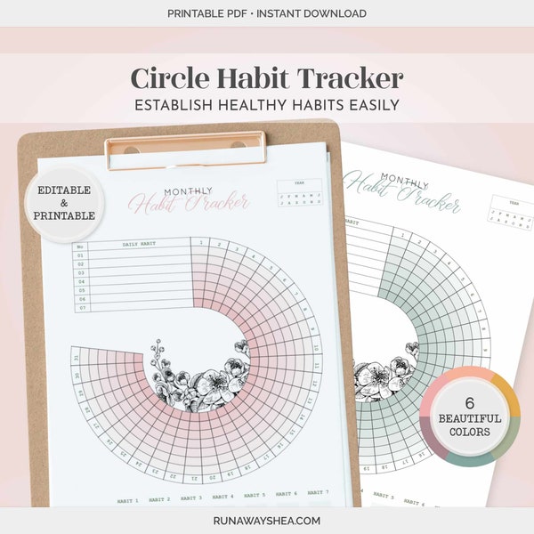 Circle Daily Habit Tracker Printable | Editable Fillable ADHD, Initiative, Mood, Goal Planner Monthly & Daily Habit Tracking PDF | P-33