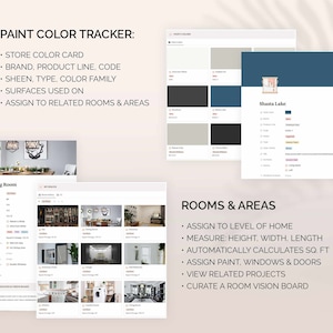 May include: A screenshot of a website showing a paint color tracker. The website allows users to store color cards, assign colors to rooms, and view related projects. The website also includes a room vision board feature.