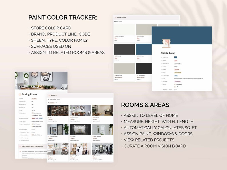 May include: A screenshot of a website showing a paint color tracker. The website allows users to store color cards, assign colors to rooms, and view related projects. The website also includes a room vision board feature.