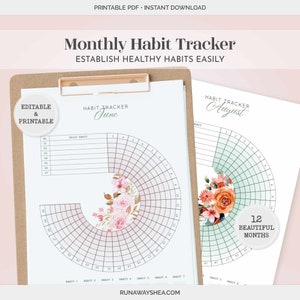 Circle 12-Month Habit Tracker Printable | Editable Fillable ADHD, Initiative, Mood, Goal Planner 12 Month Daily Habit Tracking PDF  | P-33