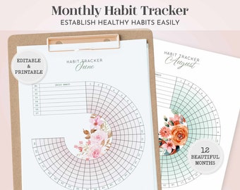 Feminine 12-Month Habit Tracker Printable | Floral ADHD Mood Goal Planner (Editable Fillable PDF) P-33