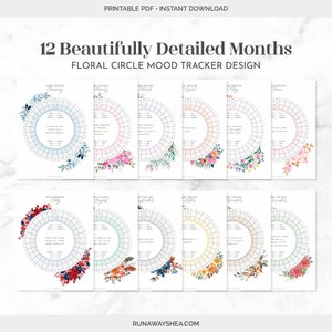 May include: Twelve printable mood tracker pages featuring a floral circle design. Each page is labeled with a month of the year, from January to December. The pages are designed to help track moods and emotions throughout the year.