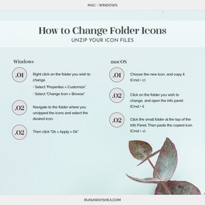 May include: A light blue and white graphic with instructions on how to change folder icons on Windows and macOS operating systems. The graphic includes step-by-step instructions with numbered steps and keyboard shortcuts.