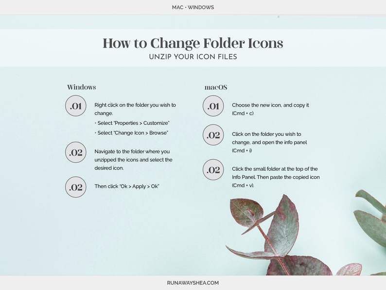 May include: A light blue and white graphic with instructions on how to change folder icons on Windows and macOS operating systems. The graphic includes step-by-step instructions with numbered steps and keyboard shortcuts.