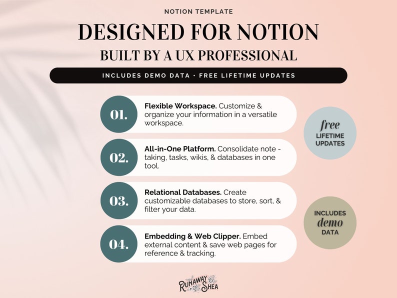 May include: A pink and white graphic with the text "DESIGNED FOR NOTION" in black. The graphic lists four features of the Notion app: Flexible Workspace, All-in-One Platform, Relational Databases, and Embedding & Web Clipper. The graphic also includes the text "INCLUDES DEMO DATA - FREE LIFETIME UPDATES".