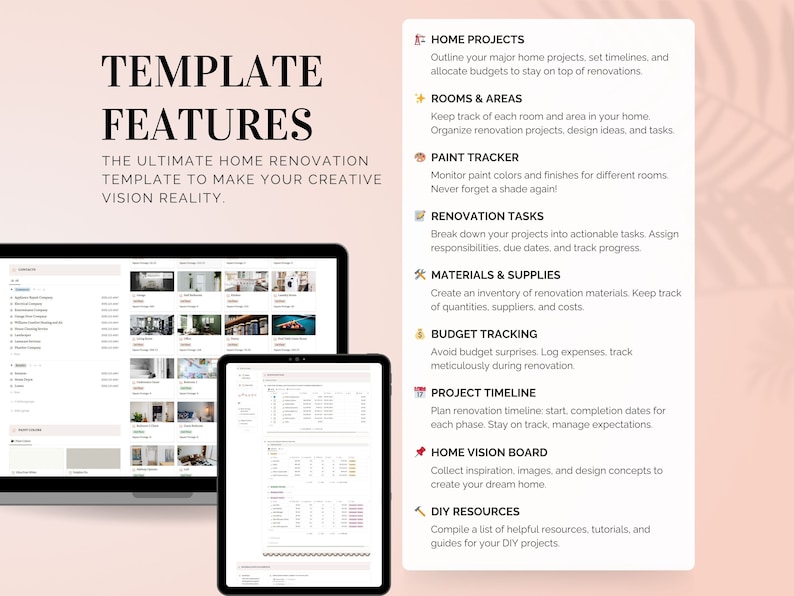 May include: A computer screen displaying a home renovation template with features like home projects, rooms and areas, paint tracker, renovation tasks, materials and supplies, budget tracking, project timeline, home vision board, and DIY resources.