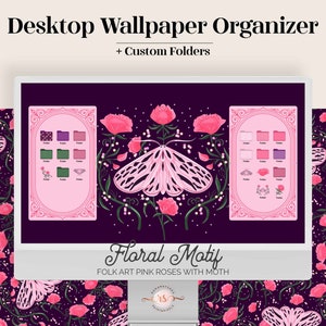 Pink Moth Wallpaper Desktop Organizer - Vintage purple art cottagecore cute folder icons pack computer background aesthetic gift for her
