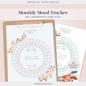 May include: Printable monthly mood tracker with floral designs. The tracker is a circle with 31 days marked around the edge. The center of the circle has a list of moods, including happy, calm, neutral, positive, creative, energized, stressed, sick, sad, anxious, tired, and mad. The tracker is designed to help you track your mood each day of the month.