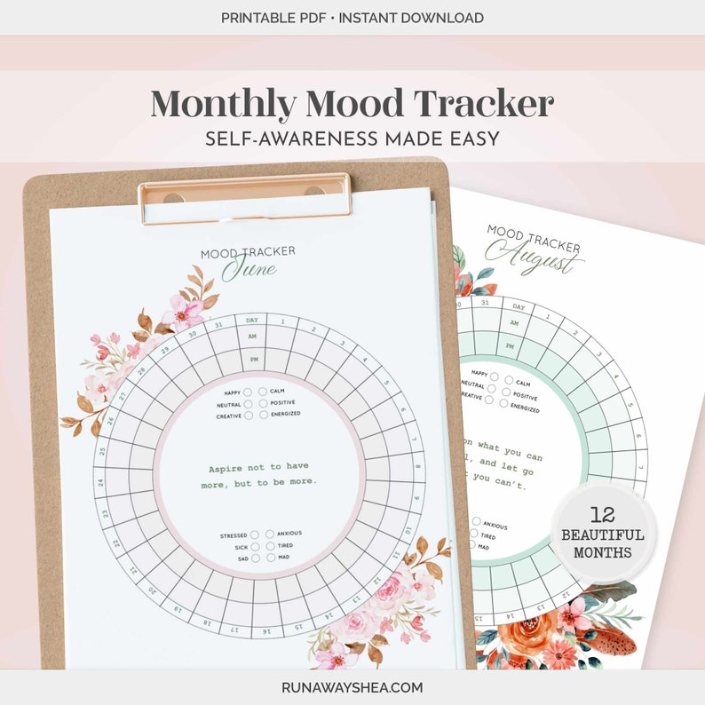 May include: Printable monthly mood tracker with floral designs. The tracker is a circle with 31 days marked around the edge. The center of the circle has a list of moods, including happy, calm, neutral, positive, creative, energized, stressed, sick, sad, anxious, tired, and mad. The tracker is designed to help you track your mood each day of the month.