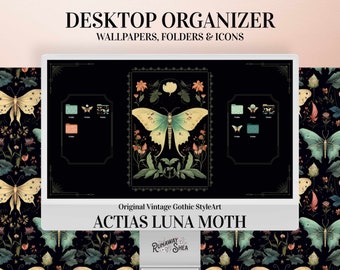 Desktop Organizer Luna Moon Moth Wallpaper - Vintage gothic art dark academia cute folder icons computer background aesthetic gift for her