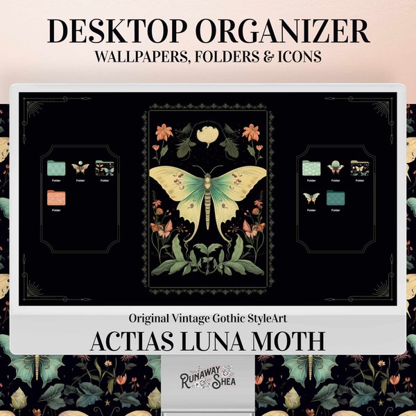 Desktop Organizer Luna Moon Moth Wallpaper - Vintage gothic art dark academia cute folder icons computer background aesthetic gift for her