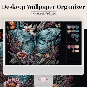 Könnte beinhalten: Ein Desktop-Hintergrund-Organizer mit benutzerdefinierten Ordnern. Der Hintergrund zeigt einen blauen Schmetterling mit goldenen Akzenten, umgeben von Blumen auf schwarzem Hintergrund. Die Ordner sind in verschiedenen Farben und Mustern.
