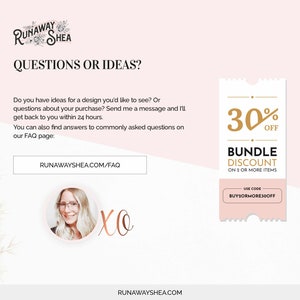 May include: A pink and white graphic with the text "Runaway Shea" and "Questions or Ideas?"  A pink and white ticket-shaped graphic with the text "30% off Bundle Discount on 2 or more items. Use code BUY2ORMORE30OFF".
