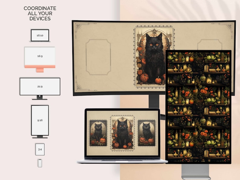 May include: A digital desktop setup with a black cat illustration on a beige background. The image is displayed on a large monitor, a laptop, and a vertical monitor. The laptop screen shows three black cats with pumpkins. The vertical monitor shows a repeating pattern of shelves with bottles, pumpkins, and black cats.